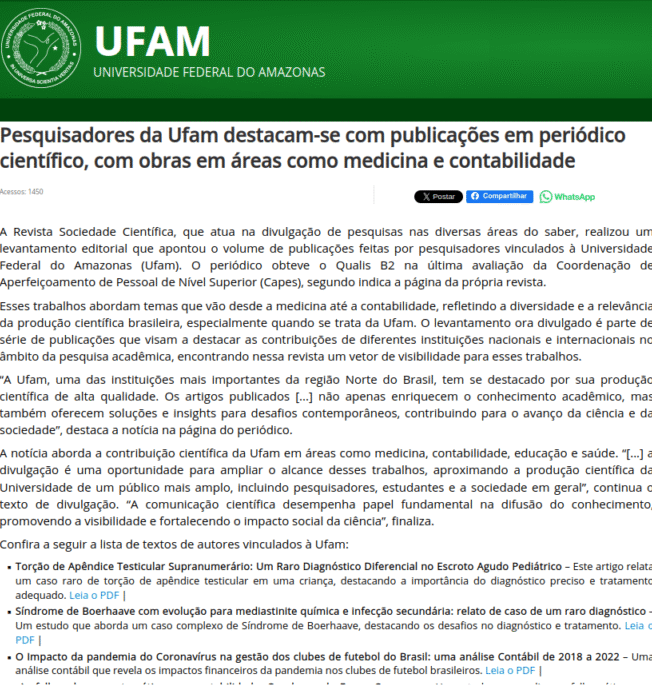 UFAM destaca publicações na Revista Sociedade Científica